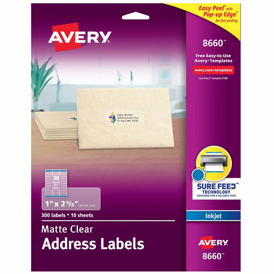 Avery&reg; Easy Peel Inkjet Printer Mailing Labels - x 1" Width x 2 5/8" Length - Permanent Adhesive - Rectangle - Inkjet - Matte - Clear - Film - 30 / Sheet - 25 Total Sheets - 750 Total Label(s) - F. Picture 5