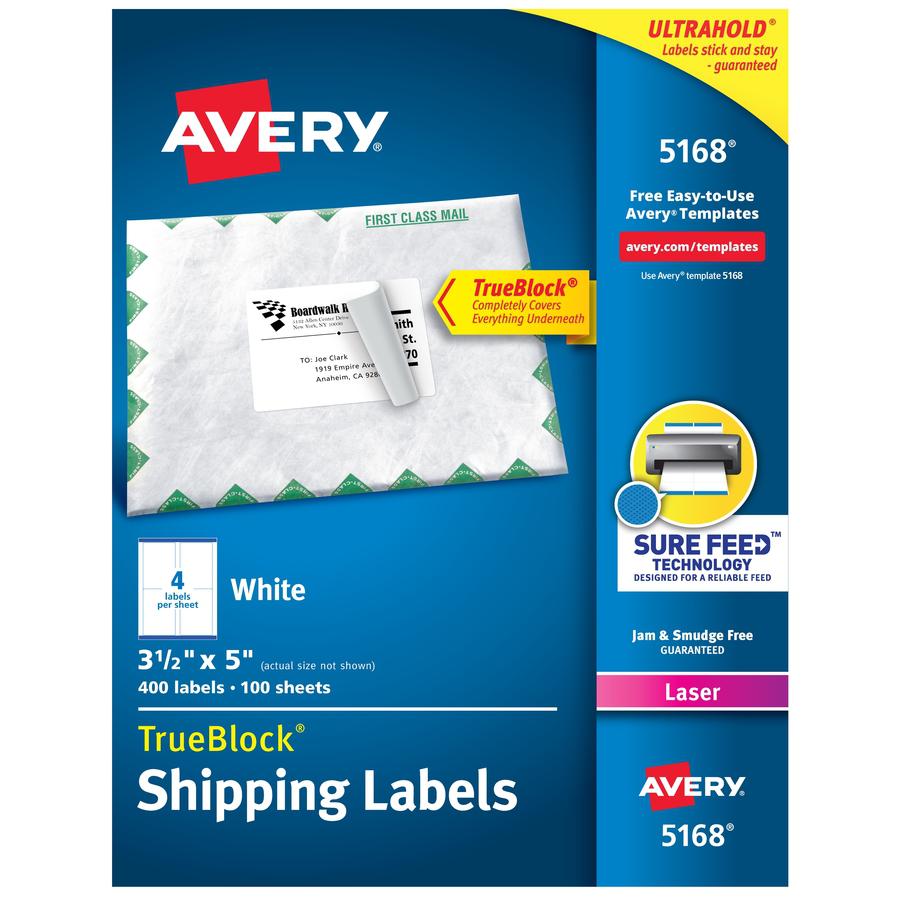 Avery&reg; Shipping Labels, Sure Feed, 3-1/2" x 5" , 400 Labels (5168) - 3 1/2" Width x 5" Length - Permanent Adhesive - Rectangle - Laser - Matte - White - Paper - 4 / Sheet - 100 Total Sheets - 400 . Picture 6