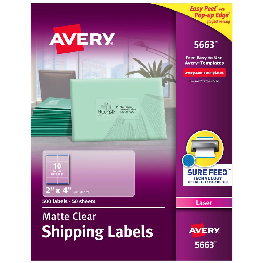 Avery&reg; Clear Shipping Labels, Sure Feed, 2" x 4" , 500 Labels (5663) - 2" Width x 4" Length - Permanent Adhesive - Rectangle - Laser - Matte - Clear - Film - 10 / Sheet - 50 Total Sheets - 500 Tot. Picture 3
