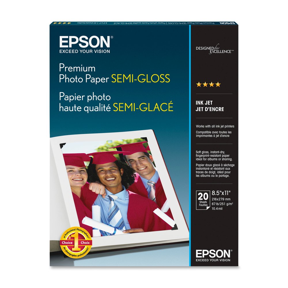 Epson Premium Semi-Gloss Photo Paper - 93 Brightness - 97% Opacity - Letter - 8 1/2" x 11" - 68 lb Basis Weight - Semi-gloss - White - 20 / Pack. Picture 2