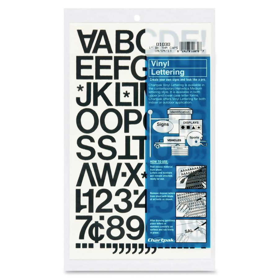 Chartpak Vinyl Helvetica Style Letters/Numbers - 12 x Numbers, 76 x Capital Letters Shape - Self-adhesive - Helvetica Style - Easy to Use - 1" Height - Black - Vinyl - 88 / Pack. Picture 2