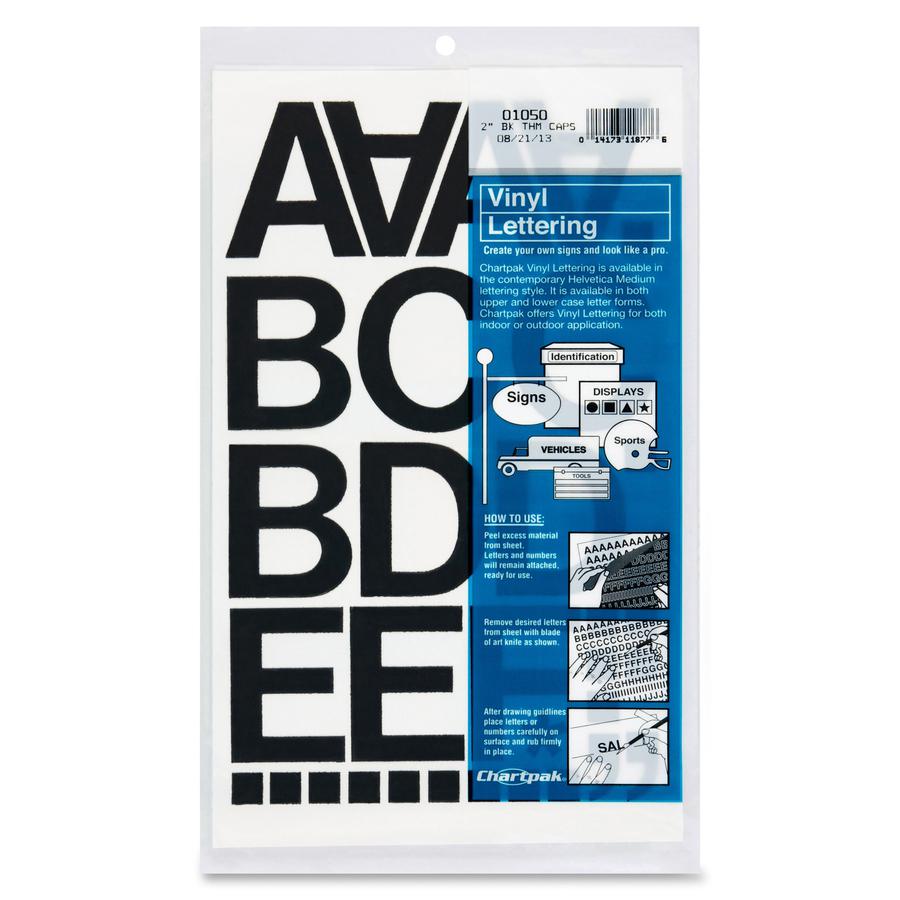 Chartpak Vinyl Helvetica Style Letters/Numbers - 10 x Numbers, 67 x Capital Letters Shape - Self-adhesive - Helvetica Style - Easy to Use - 2" Height - Black - Vinyl - 77 / Pack. Picture 3