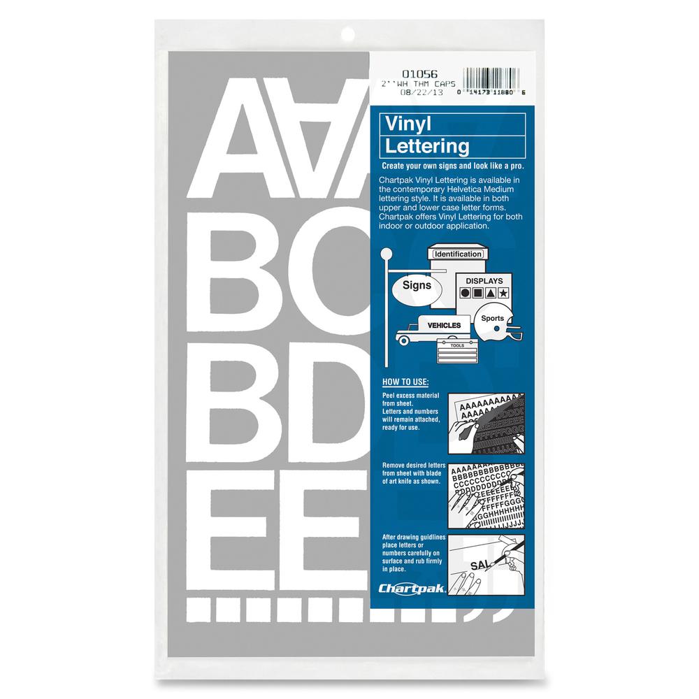 Chartpak Vinyl Helvetica Style Letters/Numbers - 10 x Numbers, 67 x Capital Letters Shape - Self-adhesive - Helvetica Style - Easy to Use - 2" Height x 12" Length - White - Vinyl - 1 / Pack. Picture 2