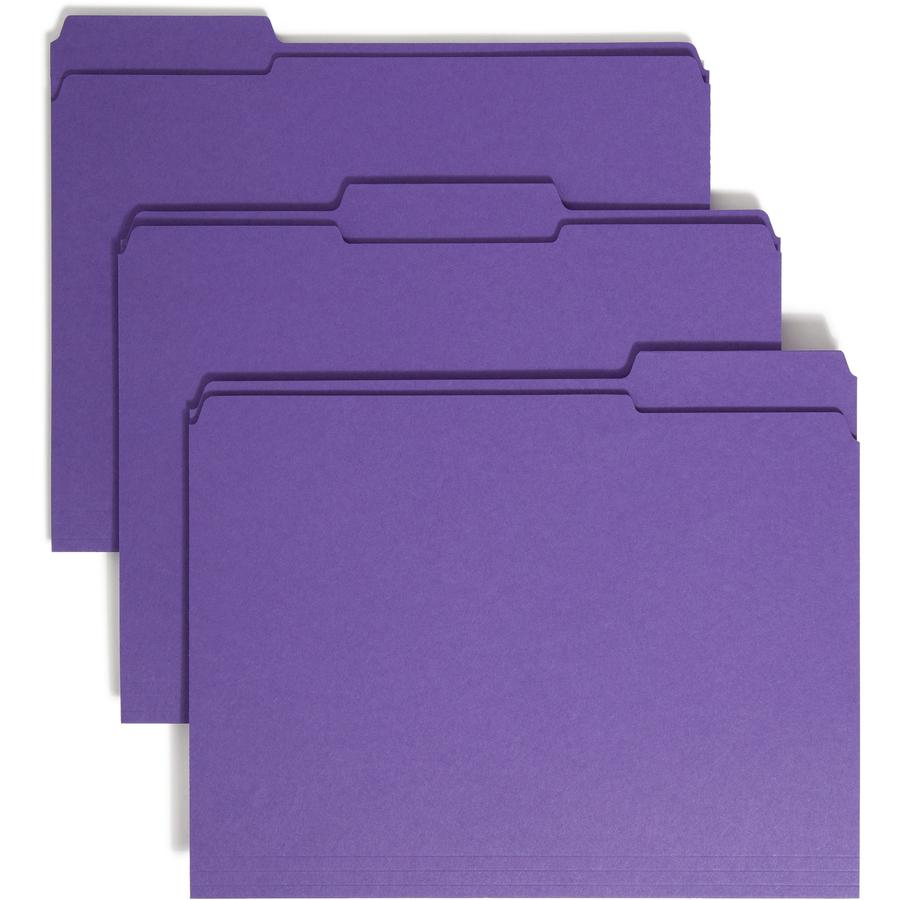 Smead Colored 1/3 Tab Cut Letter Recycled Top Tab File Folder - 8 1/2" x 11" - 3/4" Expansion - Top Tab Location - Assorted Position Tab Position - Purple - 10% Recycled - 100 / Box. Picture 8