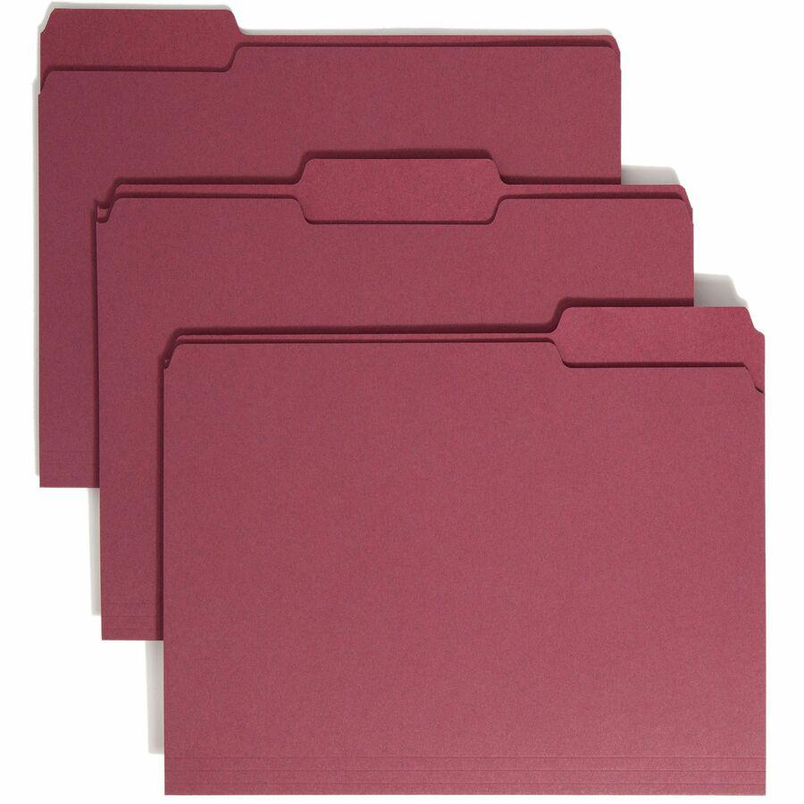 Smead Colored 1/3 Tab Cut Letter Recycled Top Tab File Folder - 8 1/2" x 11" - 3/4" Expansion - Top Tab Location - Assorted Position Tab Position - Maroon - 10% Recycled - 100 / Box. Picture 9