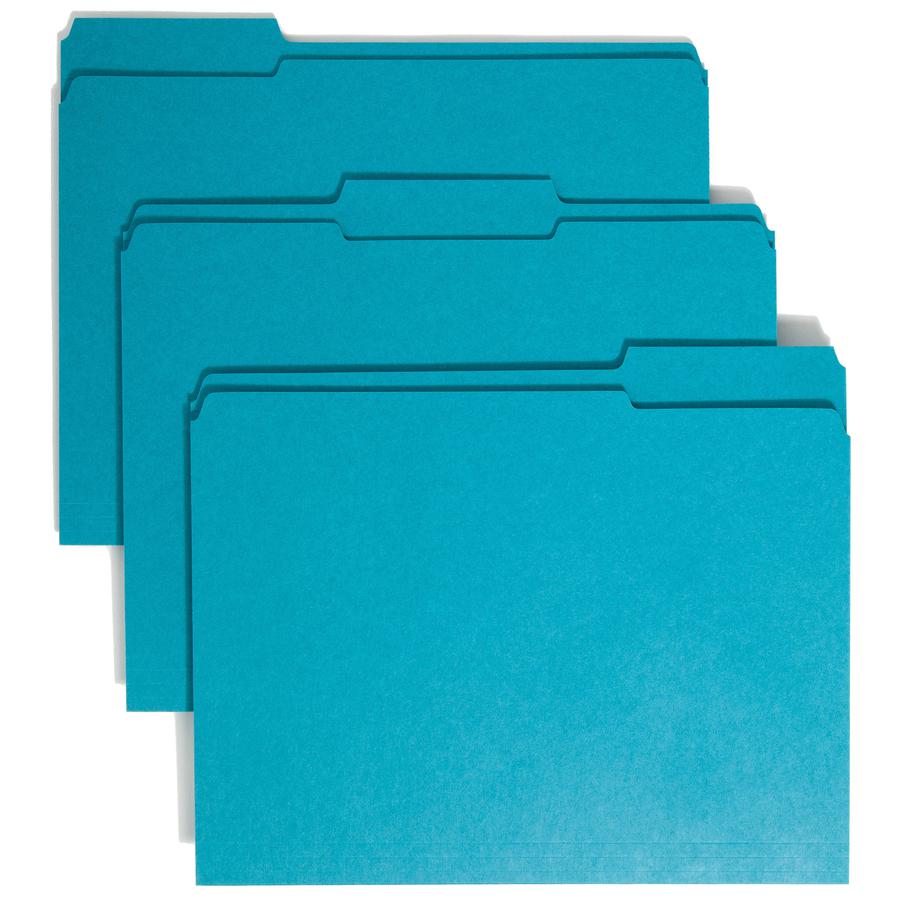 Smead Colored 1/3 Tab Cut Letter Recycled Top Tab File Folder - 8 1/2" x 11" - 3/4" Expansion - Top Tab Location - Assorted Position Tab Position - Teal - 10% Recycled - 100 / Box. Picture 8