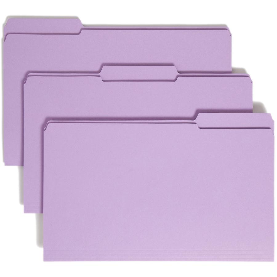 Smead Colored 1/3 Tab Cut Legal Recycled Top Tab File Folder - 8 1/2" x 14" - 3/4" Expansion - Top Tab Location - Assorted Position Tab Position - Lavender - 10% Recycled - 100 / Box. Picture 8