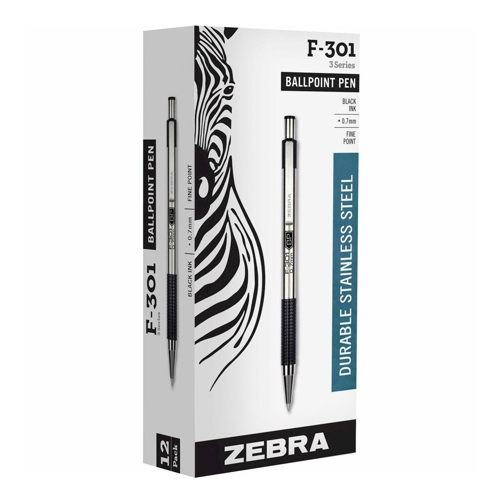 Zebra STEEL 3 Series F-301 Retractable Ballpoint Pen - Refillable - Retractable - Black Ink - Stainless Steel Stainless Steel Barrel - 1 Dozen. Picture 4