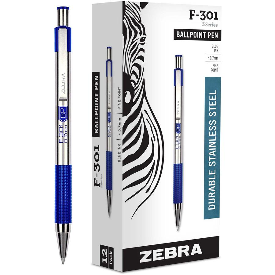 Zebra Pen F-301 Stainless Steel Ballpoint Pens - Fine Pen Point - 0.7 mm Pen Point Size - Refillable - Retractable - Blue - Stainless Steel Stainless Steel Barrel - 1 Dozen. Picture 2