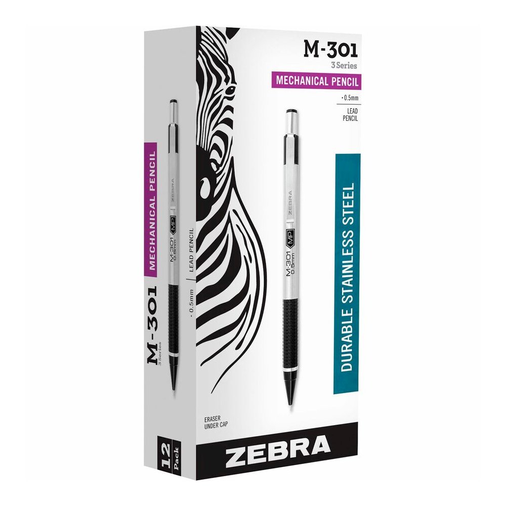 Zebra STEEL 3 Series M-301 Mechanical Pencil - 0.5 mm Lead - Refillable - Black Stainless Steel Barrel - 1 Dozen. Picture 3