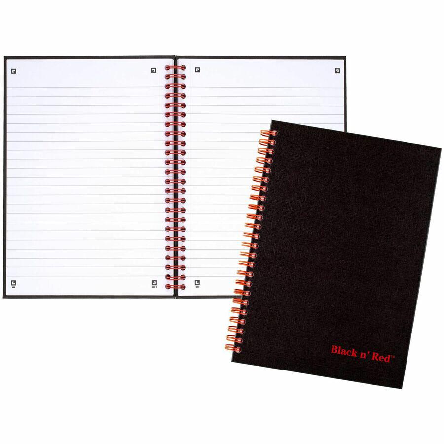 Black n' Red Wirebound Ruled Notebook - A5 - 70 Sheets - Wire Bound - 24 lb Basis Weight - A5 - 5 7/8" x 8 1/4" - White Paper - Red Binding - Black Cover - Perforated, Wipe-clean Cover, Laminated, Poc. Picture 4