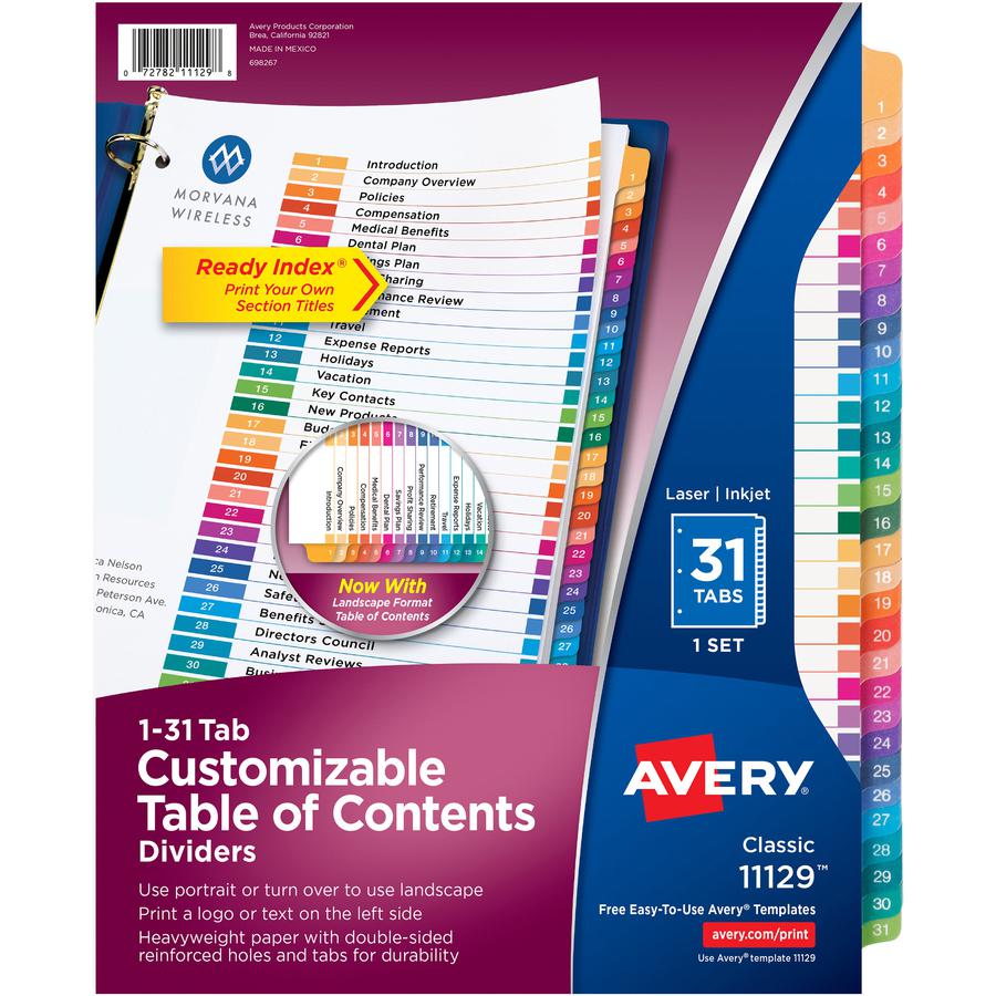 Avery 1-31 Dividers, 31 Tabs, Ready Index, Multicolor Tabs (11129) - 31 x Divider(s) - 31 Printed Tab(s) - Digit - 1-31 - 31 Tab(s)/Set - 8.5" Divider Width x 11" Divider Length - Letter - 8.50" Width. Picture 2