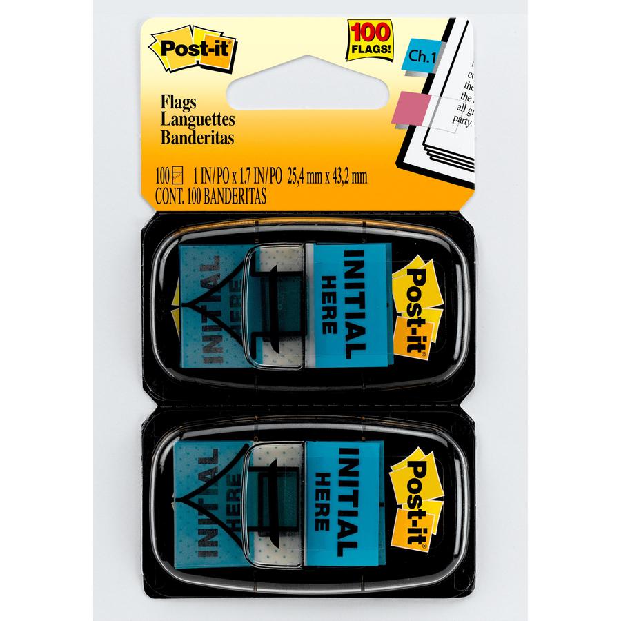 Post-it&reg; Message Flags - 100 - 1" x 1 3/4" - Arrow, Rectangle - Unruled - "Initial Here" - Blue - Removable, Self-adhesive - 1 / Pack. Picture 2