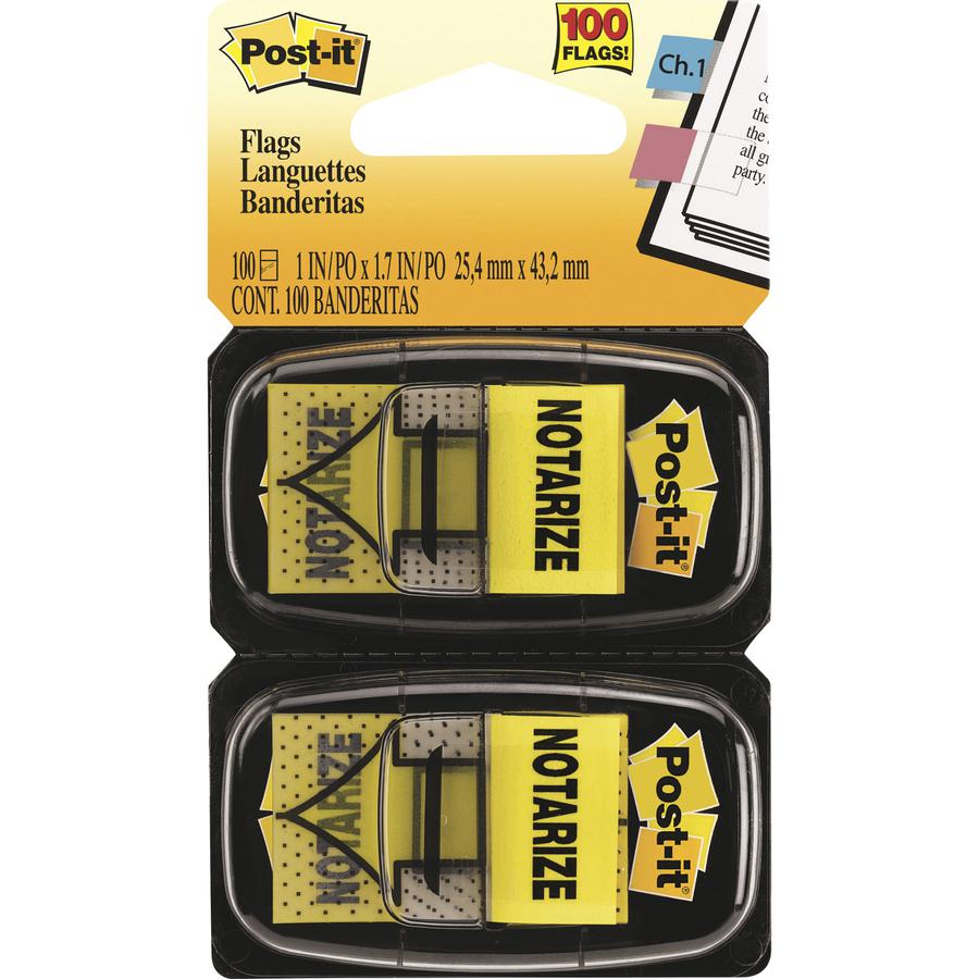 Post-it&reg; Message Flags - 100 - 1" x 1 3/4" - Arrow, Rectangle - Unruled - "Notarize" - Yellow - Removable, Self-adhesive - 100 / Pack. Picture 2