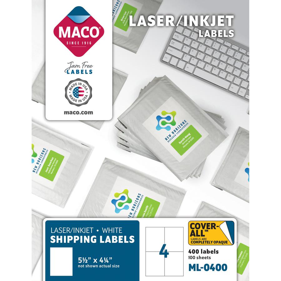 MACO White Laser/Ink Jet Shipping Label - 5 1/2" Width x 4 1/4" Length - Rectangle - Laser, Inkjet - White - 4 / Sheet - 400 / Box - Lignin-free. Picture 5