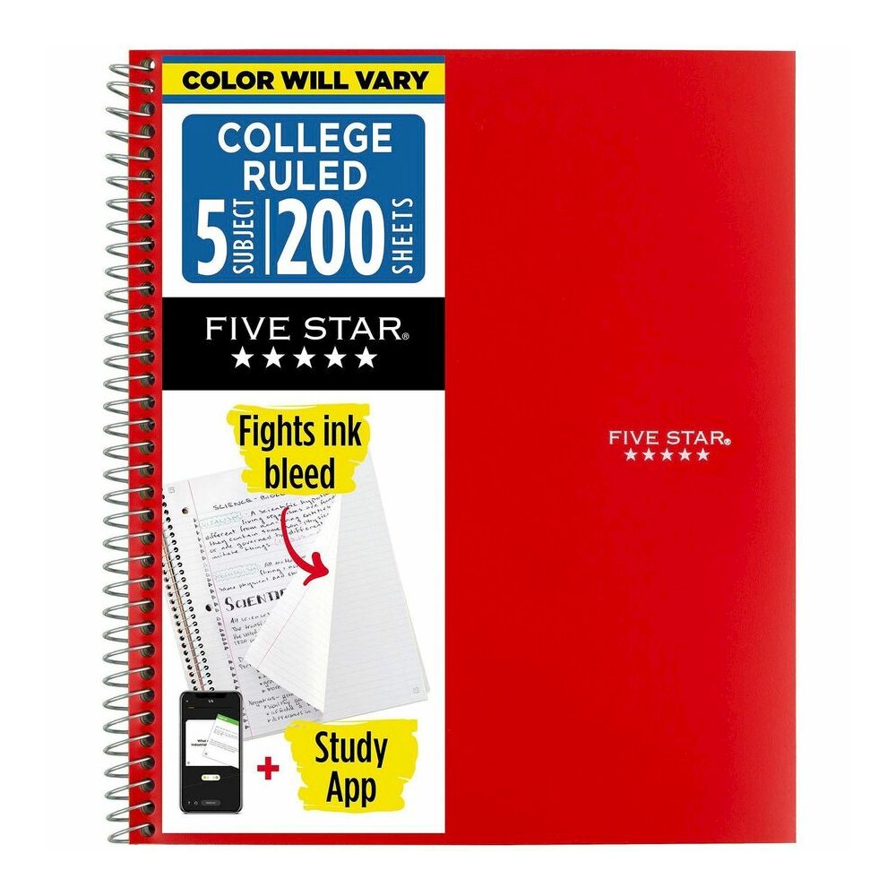 Mead Five-Star Wirebound 5-Subject Notebook - 200 Sheets - Wire Bound - 11" x 8 1/2" Sheet Size - White Paper - Assorted Cover - Pocket, Stiff-back, Perforated, Pocket Divider, Heavyweight, Subject, S. Picture 2