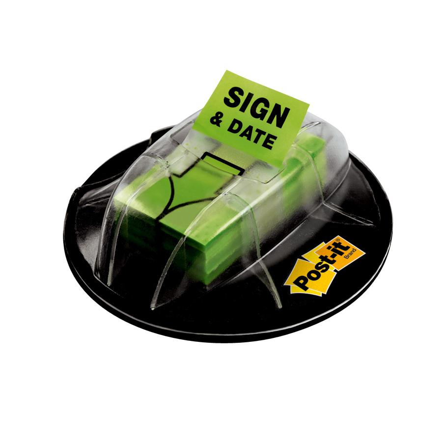 Post-it&reg; Message Flags - 200 x Bright Green - 1" x 1 3/4" - Arrow, Rectangle - Unruled - "Sign & Date" - Green - Removable, Self-adhesive - 200 / Pack. Picture 3