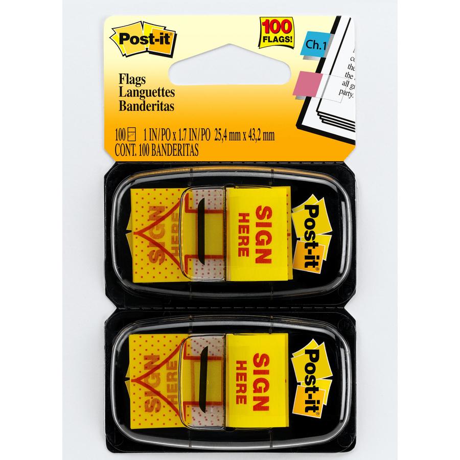 Post-it&reg; Message Flags - 100 x Yellow - 1" Flag/Note Width x 1 3/4" Flag/Note Length - Arrow, Rectangle - Unruled - SIGN HERE - Yellow - Removable, Self-adhesive - Dispenser Included - 100 / Pack. Picture 4