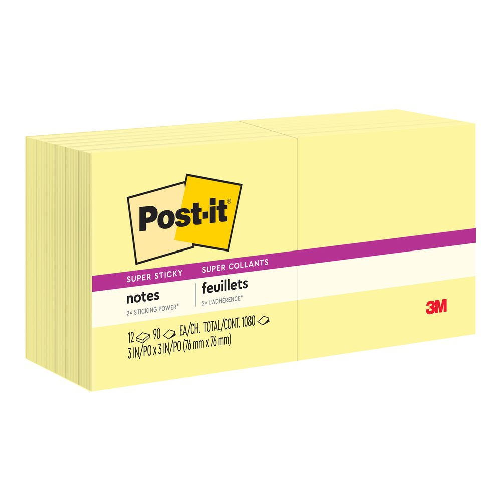 Post-it&reg; Super Sticky Dispenser Notes - 1080 - 3" Flag/Note Width x 3" Flag/Note Length - Square - 90 Sheets per Pad - Unruled - Canary Yellow - Paper - Self-adhesive, Repositionable - 1 Pack. Picture 5