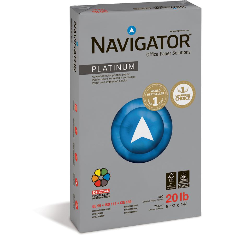 Navigator Platinum Office Multipurpose Paper - Bright White - 99 Brightness - Legal - 8 1/2" x 14" - 20 lb Basis Weight - Smooth - Chlorine-free - Bright White - 500 Sheets per Ream - 10 / Carton. Picture 3