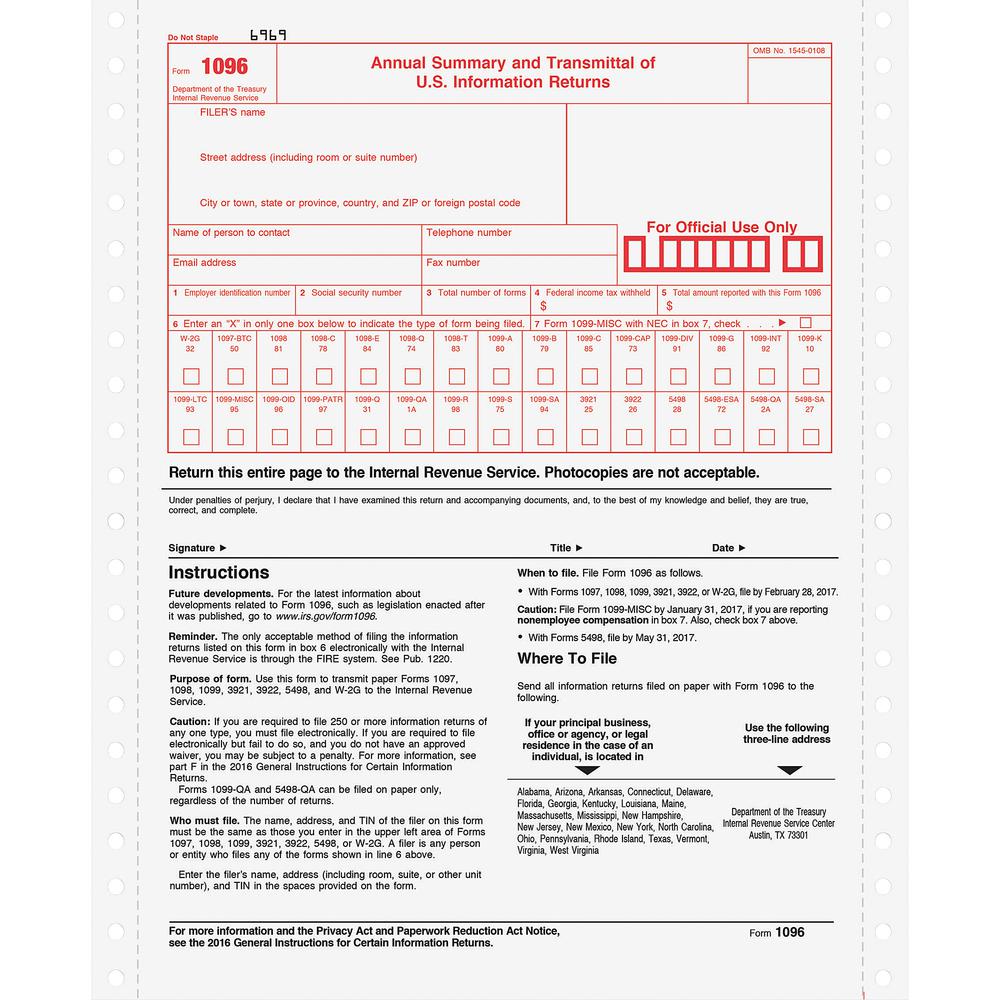 TOPS 1096 Tax Form - 2 PartCarbonless Copy - 8.50" x 11" Sheet Size - White - White Sheet(s) - 10 / Pack. Picture 2
