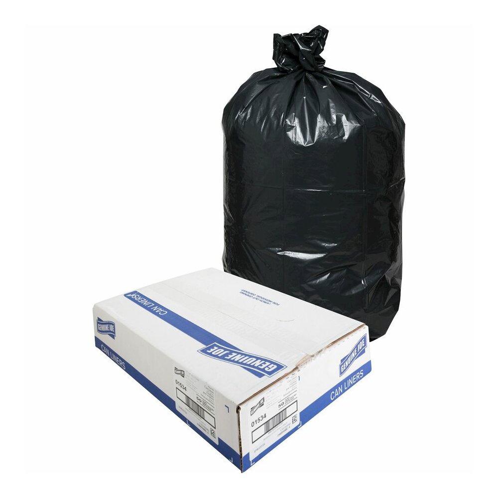 Genuine Joe Heavy-Duty Trash Can Liners - Large Size - 45 gal Capacity - 46" Length x 39" Width x 1.50 mil (38 Micron) Thickness - Low Density - Black - 50/Box - 1 Carton. Picture 7