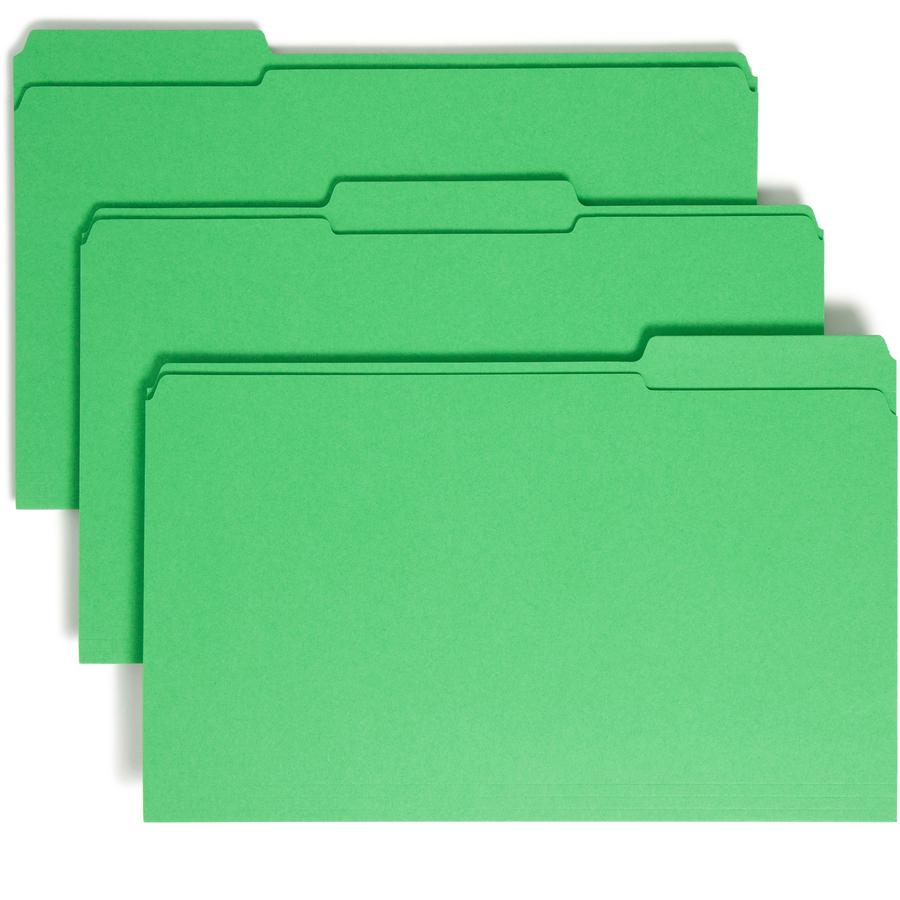 Smead Colored 1/3 Tab Cut Legal Recycled Top Tab File Folder - 8 1/2" x 14" - Top Tab Location - Assorted Tab Position - 11 pt. - 2 Plys - Green - 10% Recycled - 100 / Box. Picture 8