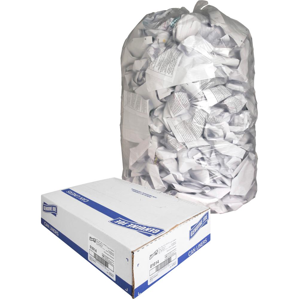 Genuine Joe Clear Trash Can Liners - Extra Large Size - 60 gal Capacity - 58" Length x 38" Width x 0.80 mil (20 Micron) Thickness - Low Density - Clear - Film - Multipurpose - 100 / Carton. Picture 7