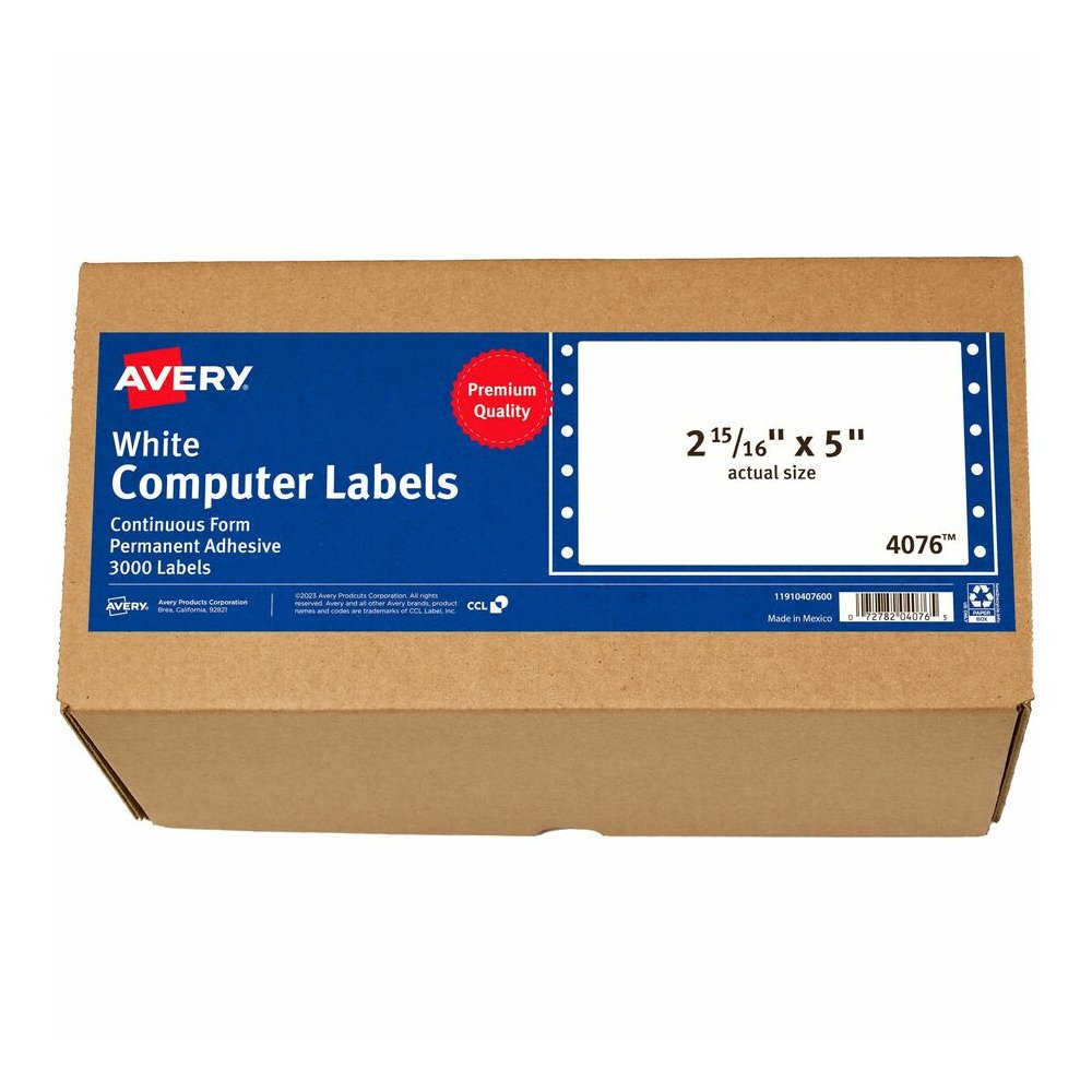Avery&reg; Address Label - 5" Width x 2 15/16" Length - Permanent Adhesive - Dot Matrix - White - 1 / Sheet - 3000 Total Label(s) - 3000 / Box. Picture 4
