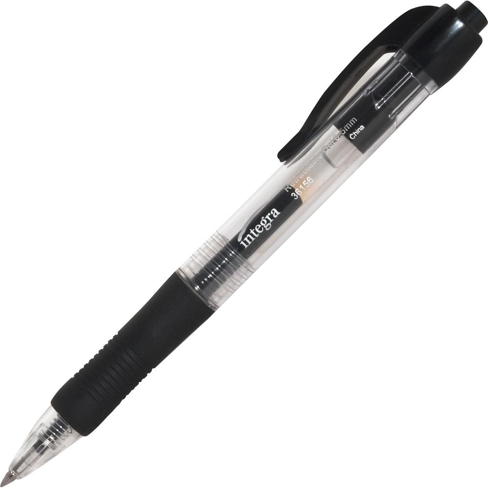 Integra Retractable 0.5mm Gel Pens - Retractable - Black Ink - Gel-based - Black Barrel - Metal Tip - 1 Dozen. Picture 4