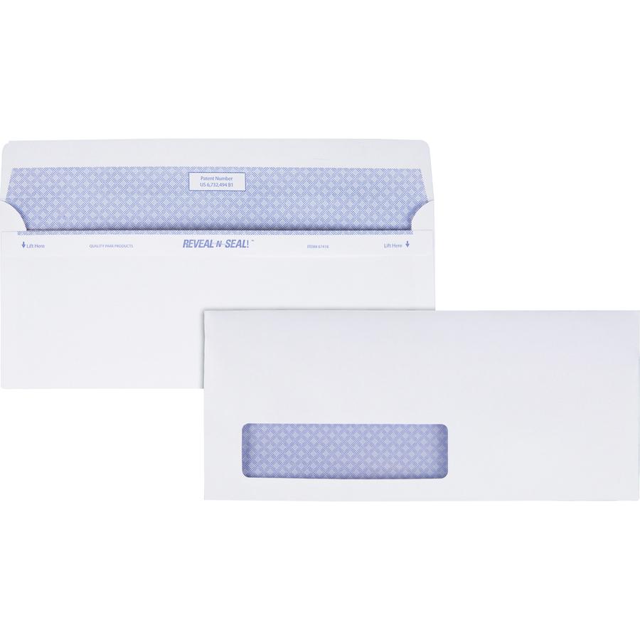 Quality Park No. 10 Single Window Security Tinted with Reveal-N-Seal&reg; Self-Seal Closure - Single Window - #10 - 4 1/8" Width x 9 1/2" Length - 24 lb - 500 / Box - White. Picture 2