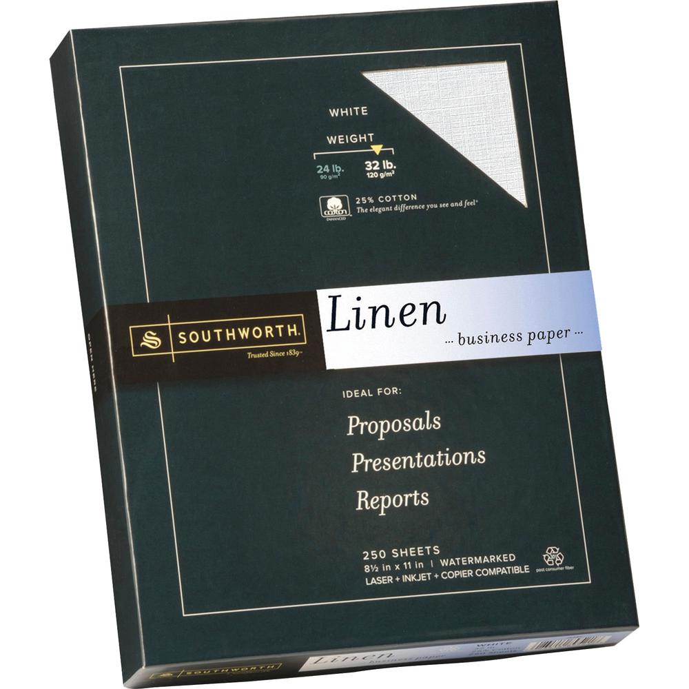 Southworth Linen Business Paper - Letter - 8 1/2" x 11" - 32 lb Basis Weight - Linen, Textured - 250 / Box - Acid-free, Watermarked, Date-coded - White. Picture 2