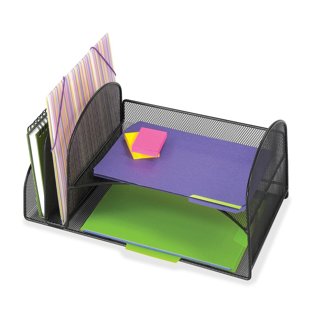 Safco Onyx 2 Upright/2 Tray Mesh Desk Organizer - 7.75" Height x 10.75" Width x 17" Depth - Desktop - Black - 1 Each. Picture 2