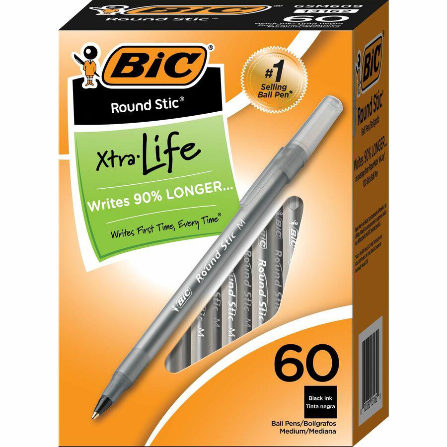 BIC Round Stic Ballpoint Pens - Medium Pen Point - Black - Black Barrel - Brass Tip - 60 / Box. Picture 2