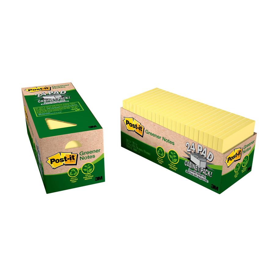 Post-it&reg; Greener Notes Cabinet Pack - 1800 - 3" x 3" - Square - 75 Sheets per Pad - Unruled - Canary Yellow - Paper - Self-adhesive, Repositionable - 24 / Pack - Recycled. Picture 3