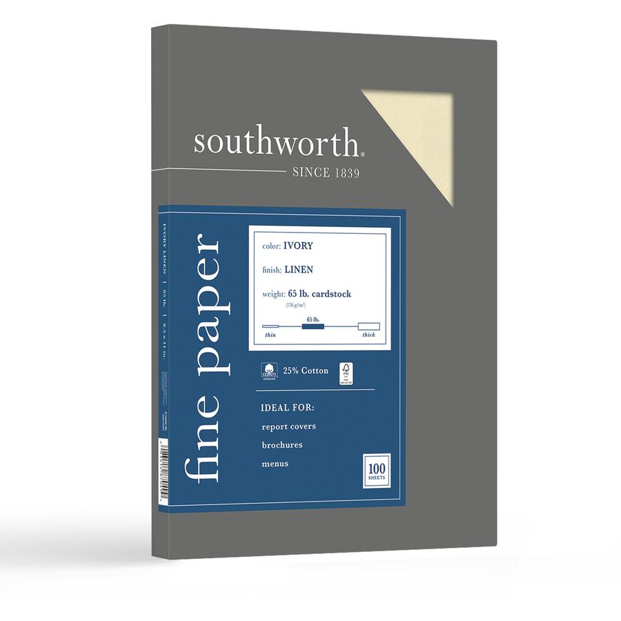 Southworth 25% Cotton Linen Business Cover Stock - Letter - 8 1/2" x 11" - 65 lb Basis Weight - Linen, Textured - 100 / Box - Acid-free, Lignin-free - Ivory. Picture 2
