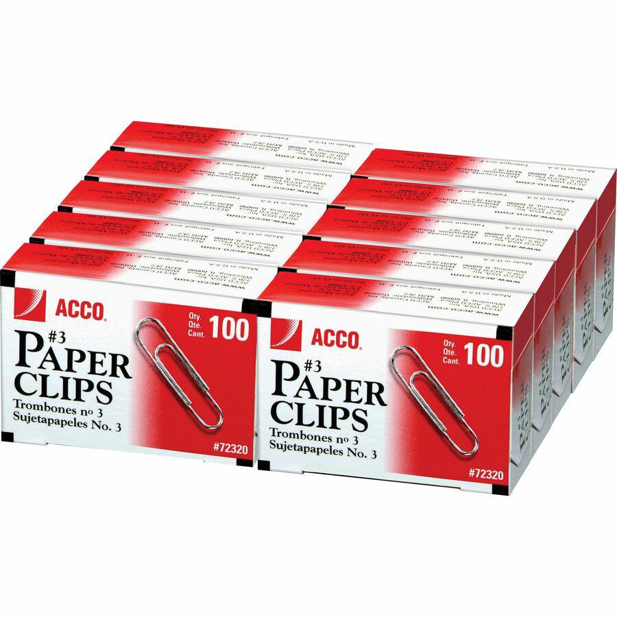 ACCO Paper Clips - No. 3 - 0.9" Length - 10 Sheet Capacity - Galvanized, Corrosion Resistant - 1000 / Pack - Silver - Metal, Zinc Plated. Picture 3