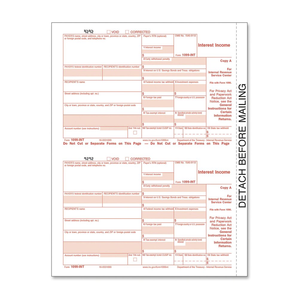 TOPS IRS Approved 4-part 1099-INT KIT Tax Forms - 5 Part - Carbonless Copy - 5.50" x 3.67" Form Size - 9" x 11" Sheet Size - White Sheet(s) - Red Print Color - 24 / Pack. Picture 2