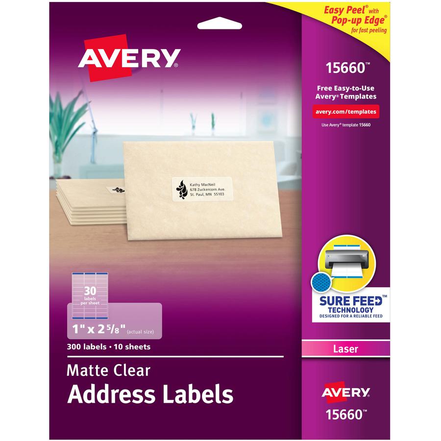 Avery&reg; Matte Address Labels - Sure Feed Technology - 1" Width x 2 5/8" Length - Permanent Adhesive - Rectangle - Laser - Clear - Film - 30 / Sheet - 10 Total Sheets - 300 Total Label(s) - 300 / Pa. Picture 5
