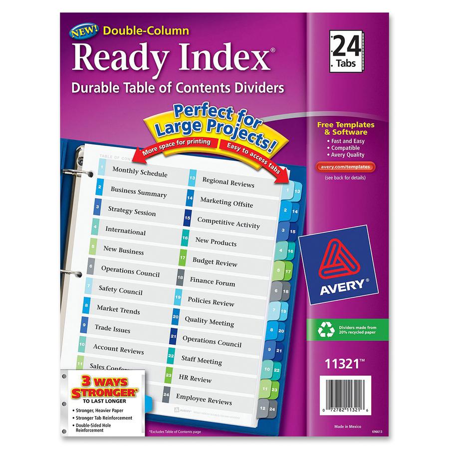 Avery&reg; Ready Index&reg; Double Column Table of Content Dividers, 24 tabs - 24 x Divider(s) - 1-24 - 24 Tab(s)/Set - 8.5" Divider Width x 11" Divider Length - 3 Hole Punched - White Paper Divider -. Picture 3