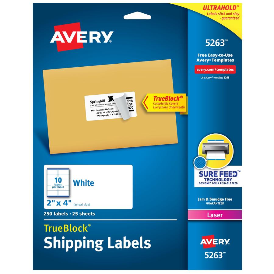 Avery&reg; Shipping Labels, Sure Feed&reg;, 2" x 4" , 250 Labels (5263) - 2" Width x 4" Length - Permanent Adhesive - Rectangle - Laser - Matte - White - Paper - 10 / Sheet - 25 Total Sheets - 250 Tot. Picture 4
