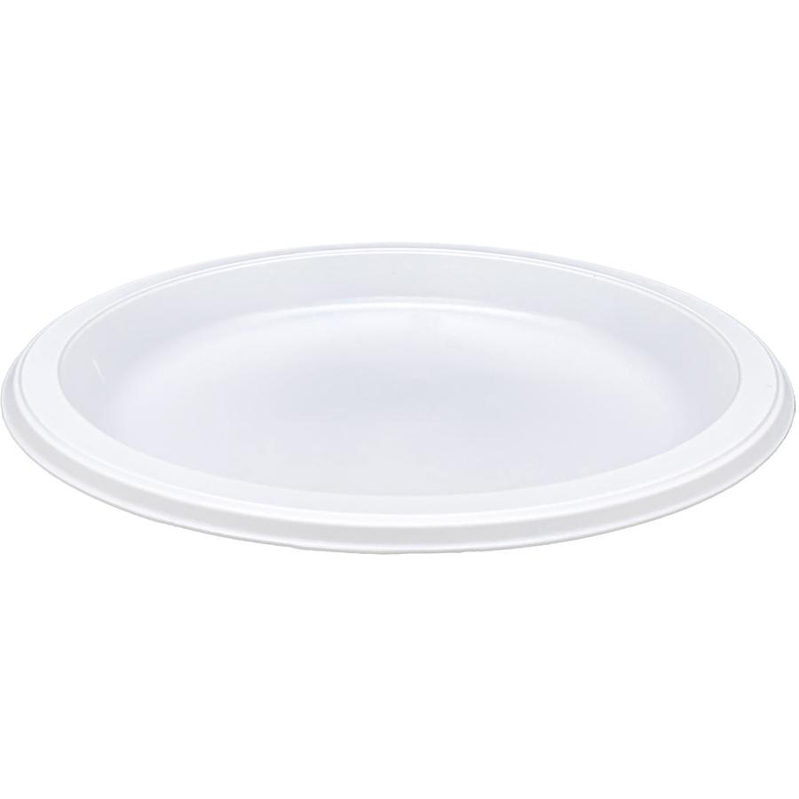 Genuine Joe 10-1/4" Large Plastic Plates - Disposable - 10.3" Diameter - Warm White - Plastic Body - 125 / Pack. Picture 4