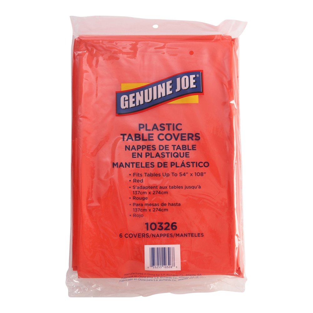 Genuine Joe Plastic Rectangular Table Covers - 108" Length x 54" Width - Plastic - Red - 6 / Pack. Picture 7