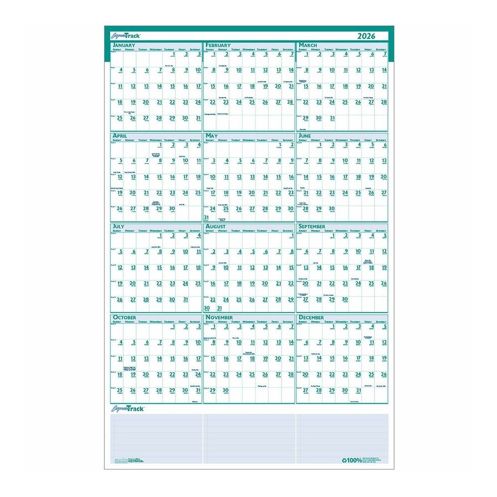 House of Doolittle Express Track Yearly Laminated Planner - Julian Dates - Yearly - 12 Month - January 2026 to December 2026 - 24" x 37" Sheet Size - 1.25" x 1.38" Block - Blue, Green - Paper - 1 Each. Picture 2