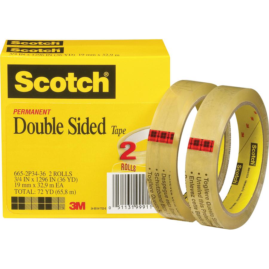 Scotch Permanent Double-Sided Tape - 3/4"W - 36 yd Length x 0.75" Width - 3" Core - Clear - Long Lasting - For Attaching, Mounting - 2 / Pack. Picture 2