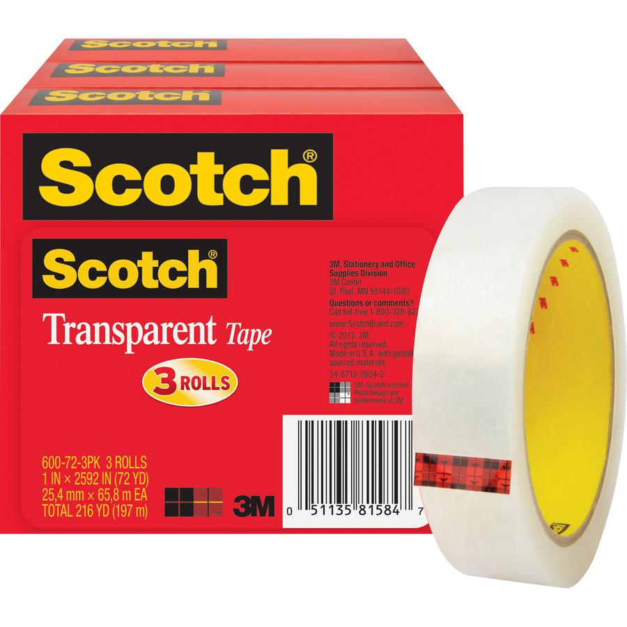 Scotch Transparent Tap - 72 yd Length x 1" Width - 3" Core - Clear - Long Lasting, Moisture Resistant, Stain Resistant - For Sealing, Label Protection, Wrapping, Mending - 3 / Pack. Picture 3