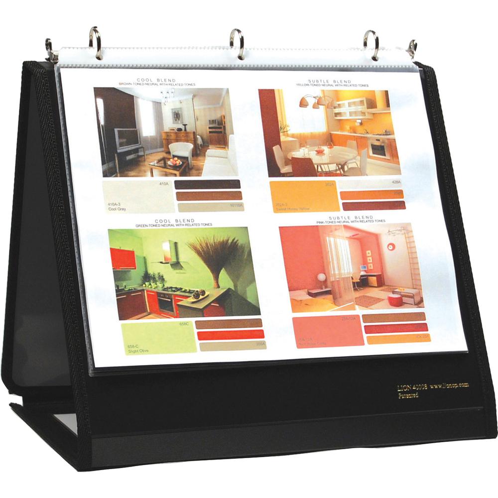 Lion Insta-Cover Round Ring Easel Binder - 1 1/2" Binder Capacity - Letter - 8 1/2" x 11" Sheet Size - 3 x Round Ring Fastener(s) - 80 Pocket(s) - Black - Recycled - Label Holder, Reinforced Sewn Edge. Picture 2