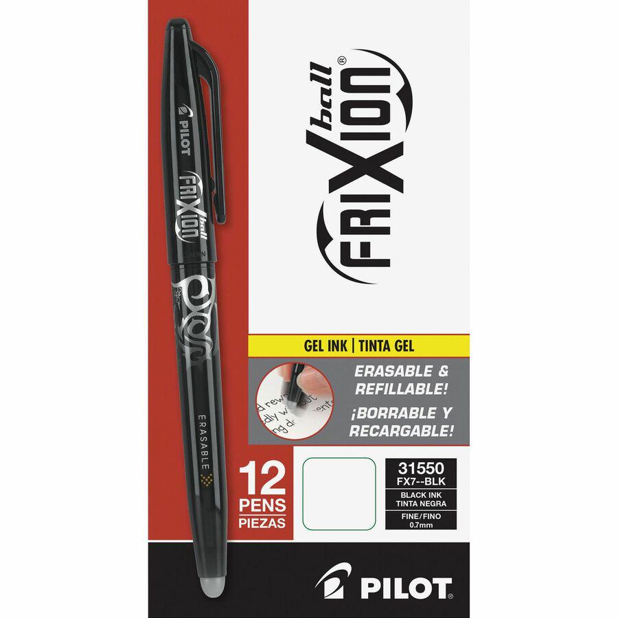 Pilot FriXion Ball Erasable Gel Pens - Fine Pen Point - 0.7 mm Pen Point Size - Black Gel-based Ink - Black Barrel - 1 Dozen. Picture 4
