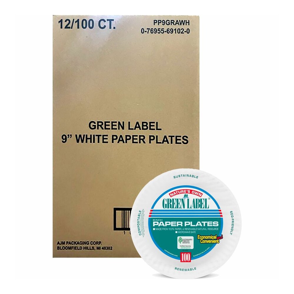 Green Label 9" Green Label Economy Paper Plates - Microwave Safe - 9" Diameter - White - Paper Body - 100/Bag - 12 / Carton. Picture 7
