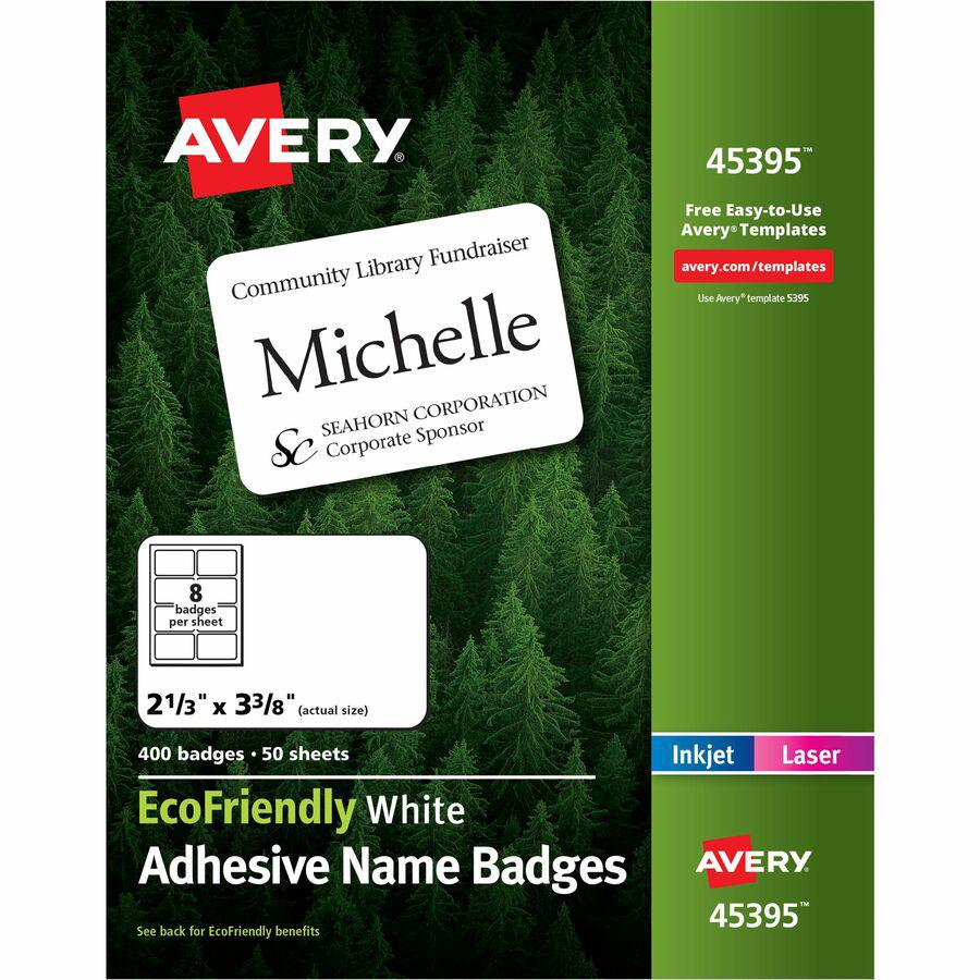 Avery&reg; Eco-friendly Premium Name Badge Labels - 2 21/64" Width x 3 3/8" Length - Removable Adhesive - Rectangle - Laser, Inkjet - White - Paper - 8 / Sheet - 50 Total Sheets - 400 Total Label(s) -. Picture 11